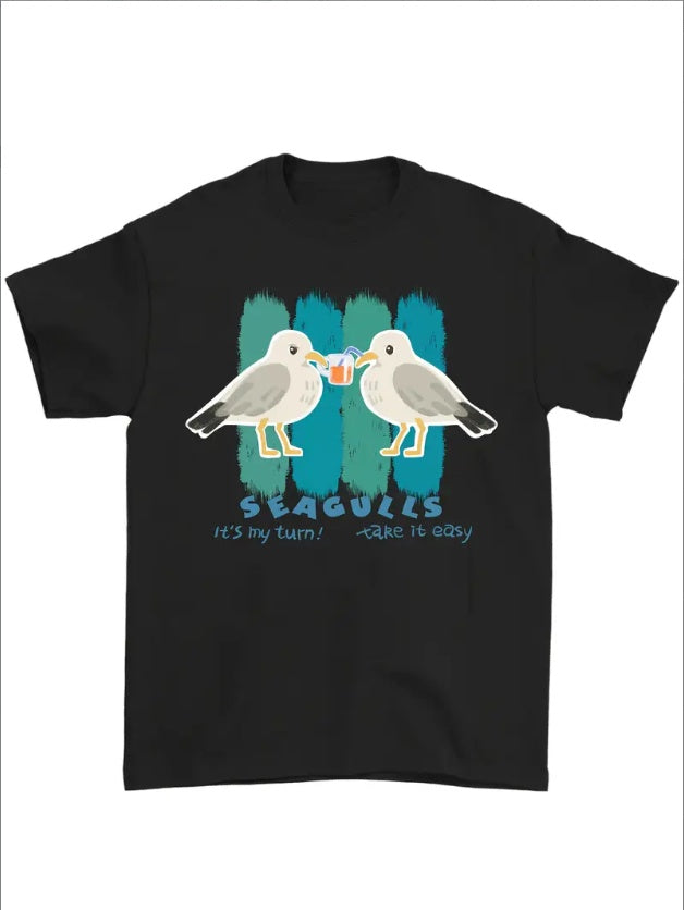 Seagulls Graphic T-Shirt, Crew Neck, Geometric-Pattern, Regular Fit, Knit Fabric, Casual Basics Style, For Men, All-Season Top