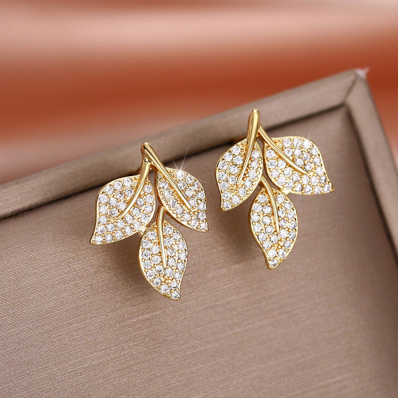 Rhinestone Leaf-shapepd Stud Earrings Women's Trendy Exquisite