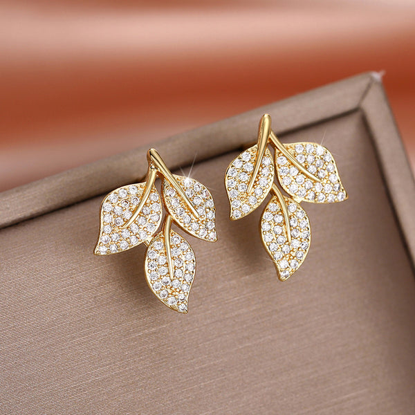 Rhinestone Leaf-shapepd Stud Earrings Women's Trendy Exquisite