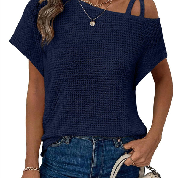 Women's Short-sleeved Solid Color Top Fashionable All-match Off-shoulder Knitted T-shirt