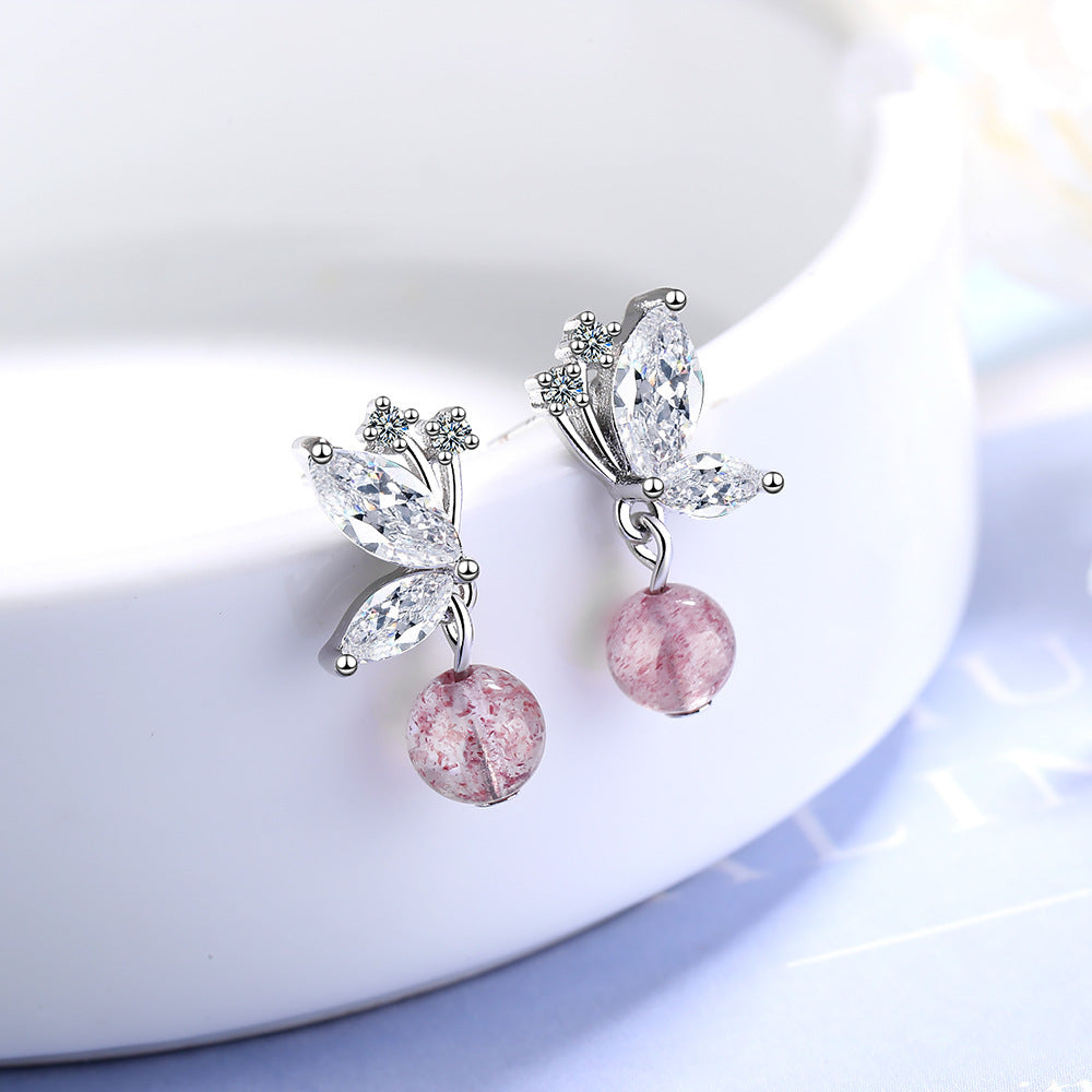 Stud Earrings Women Korean Fashion Sweet Strawberry Crystal Butterfly
