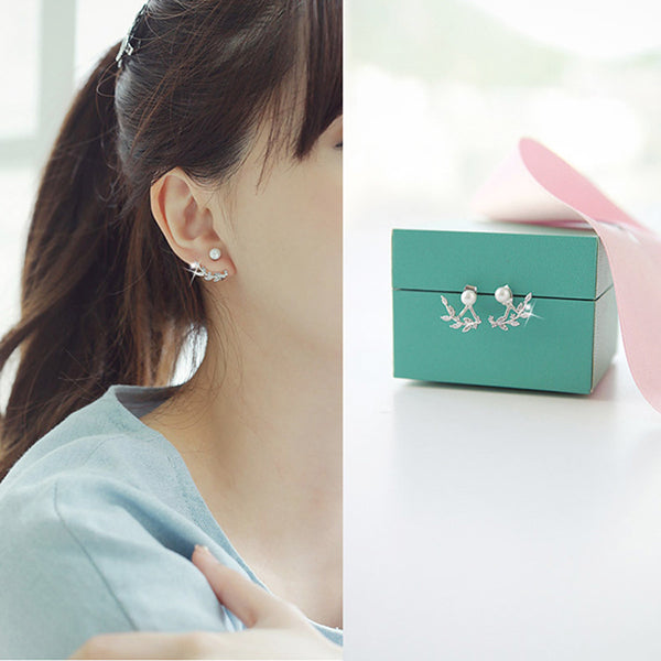 Lovely Sweet Simple Leaf Pearl Zircon Trendy Earrings