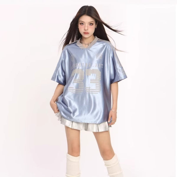 Retro V-neck Splicing Letter Print Short-sleeve