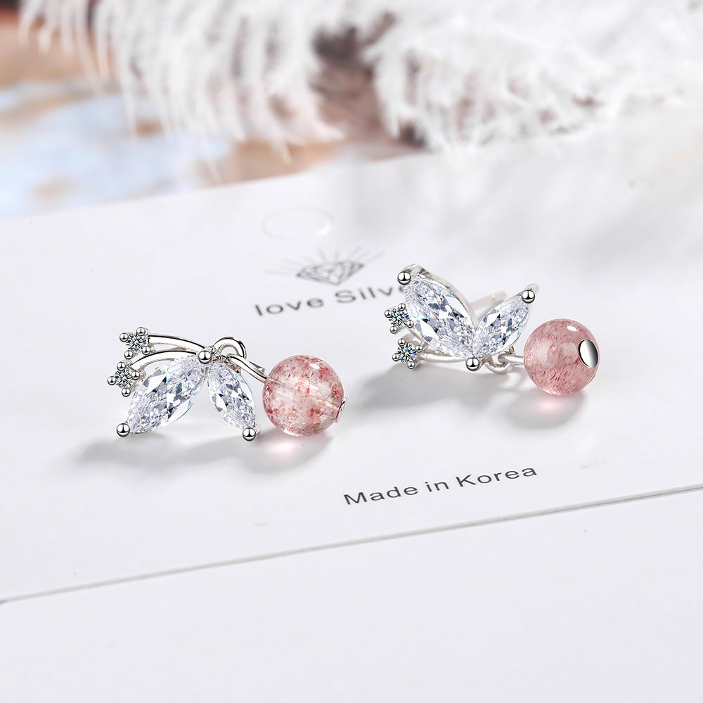 Stud Earrings Women Korean Fashion Sweet Strawberry Crystal Butterfly