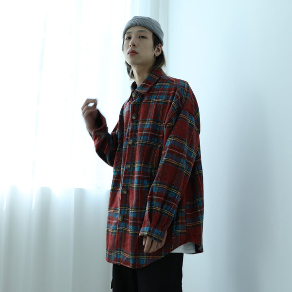 Color plaid shirt men and women retro thick woolen cloth