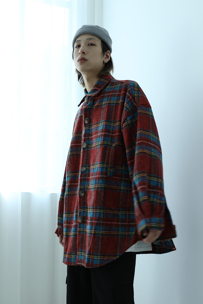 Color plaid shirt men and women retro thick woolen cloth