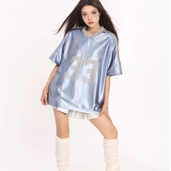 Retro V-neck Splicing Letter Print Short-sleeve