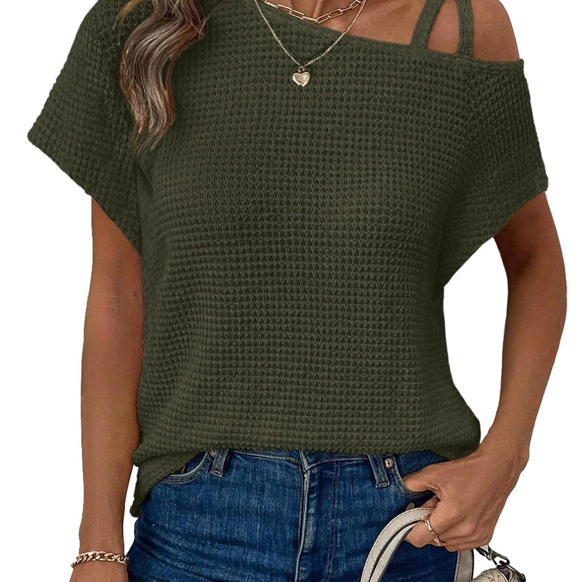 Women's Short-sleeved Solid Color Top Fashionable All-match Off-shoulder Knitted T-shirt