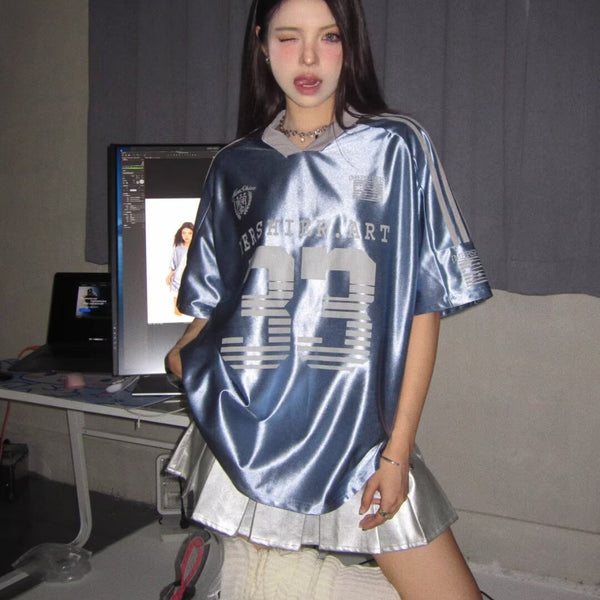 Retro V-neck Splicing Letter Print Short-sleeve