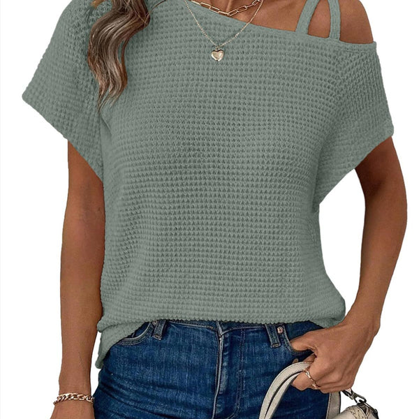 Women's Short-sleeved Solid Color Top Fashionable All-match Off-shoulder Knitted T-shirt