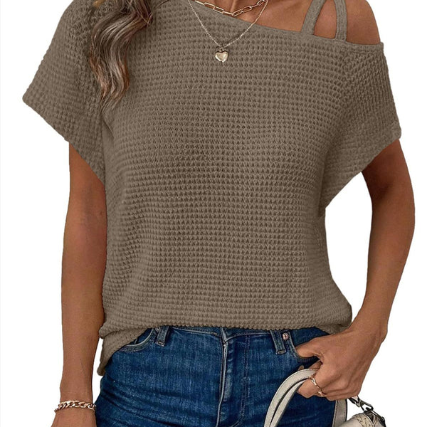 Women's Short-sleeved Solid Color Top Fashionable All-match Off-shoulder Knitted T-shirt