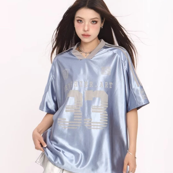 Retro V-neck Splicing Letter Print Short-sleeve