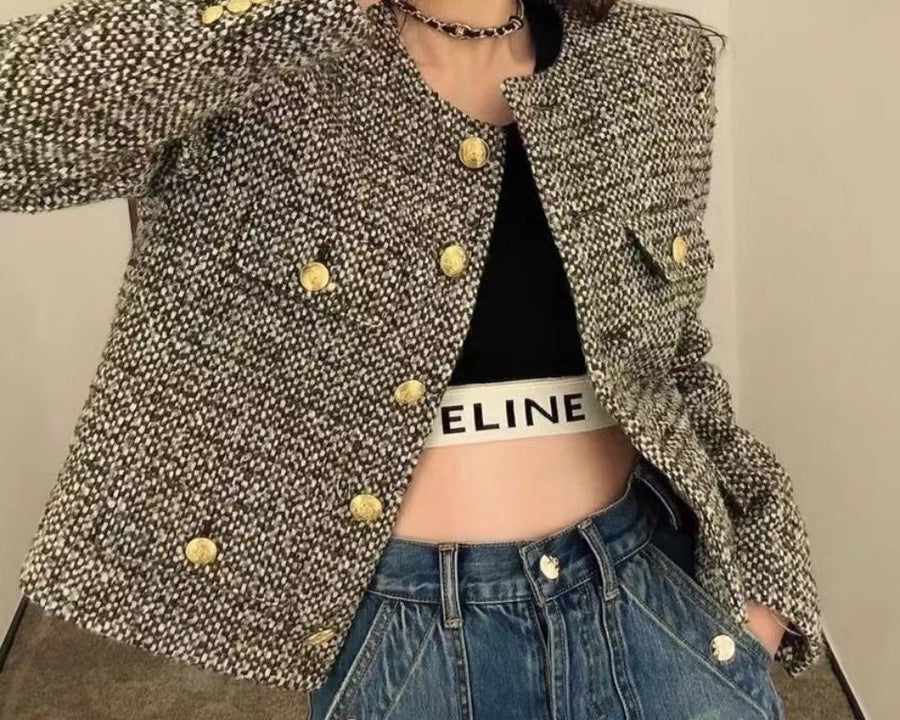 Fashion Plaid Woolen Cloth Short Coat For Women