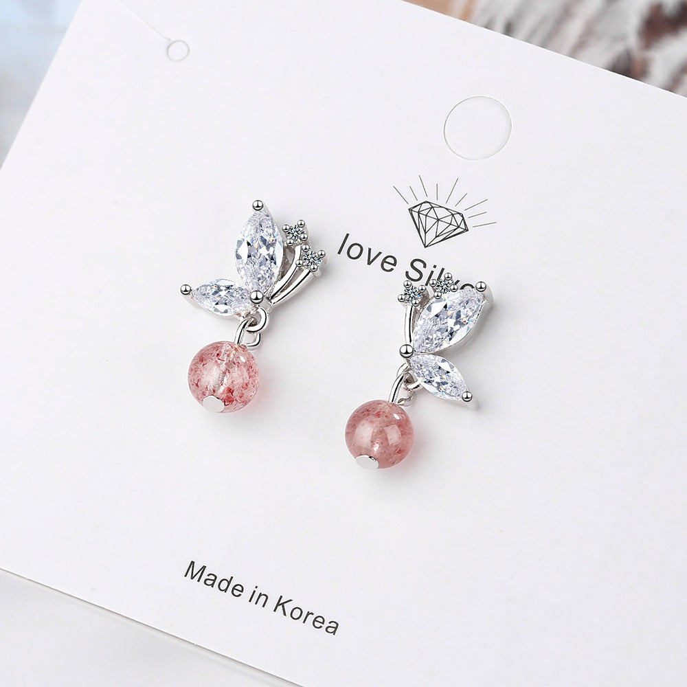 Stud Earrings Women Korean Fashion Sweet Strawberry Crystal Butterfly