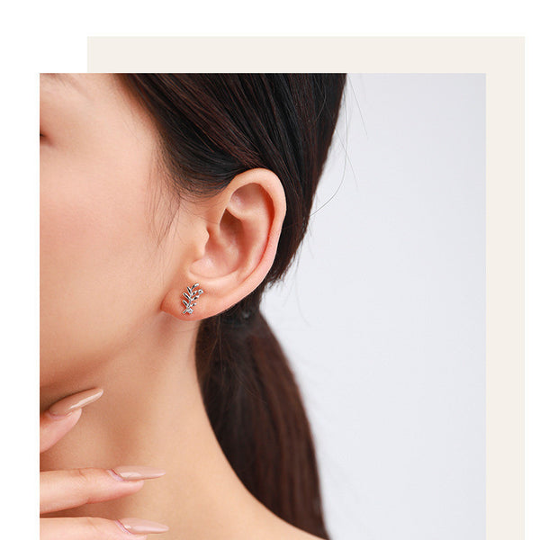 S925 Silver Leaf Sweet Diamond Stud Earrings