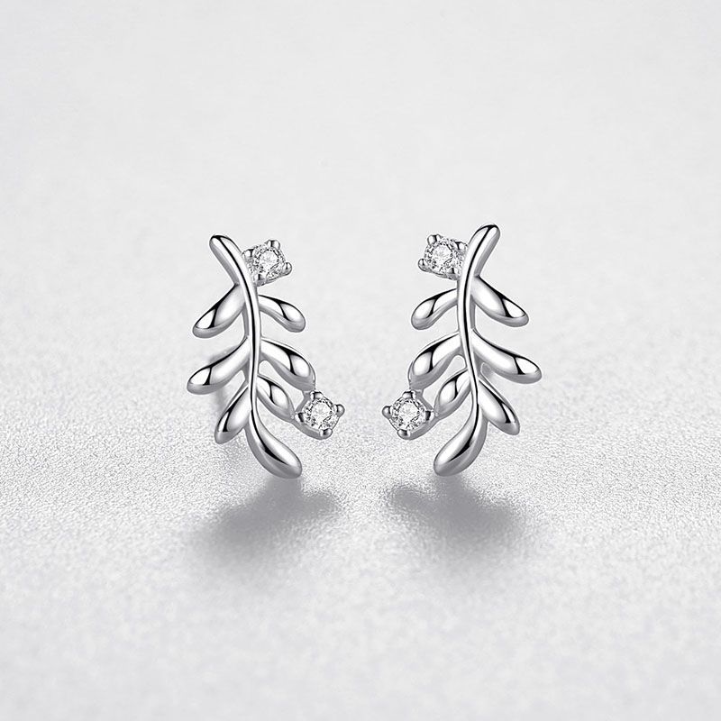 S925 Silver Leaf Sweet Diamond Stud Earrings
